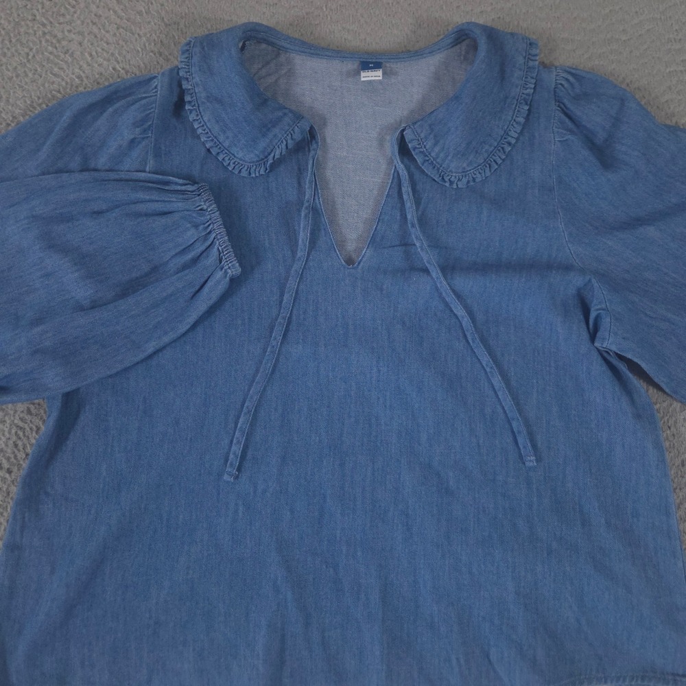 Old Navy Top Womens Medium Blue Ruffle-Collar Chambray Cotton Puff Sleeve Tie